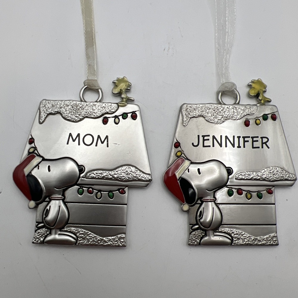 Snoopy Santa Woodstock "Mom" "Jennifer" Peanuts metal Christmas Ornaments